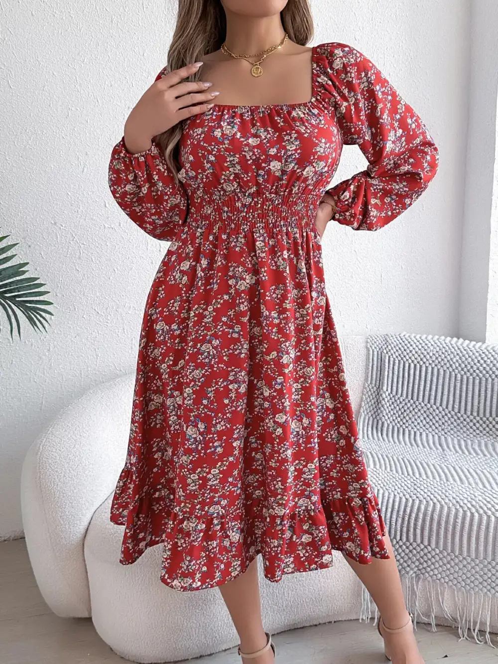 Floral Printed Square Neck Midi Dress