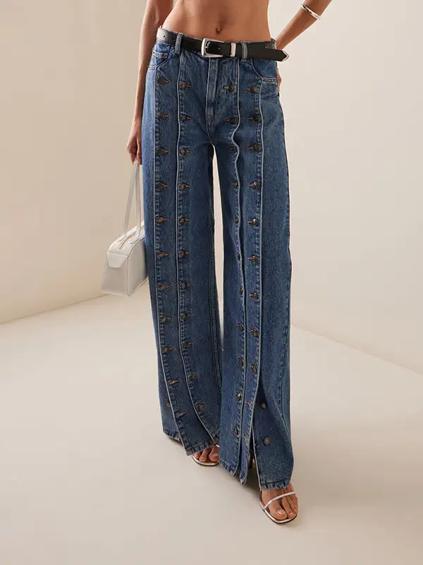 High Waist Seamed Button Detail Beltless Jeans