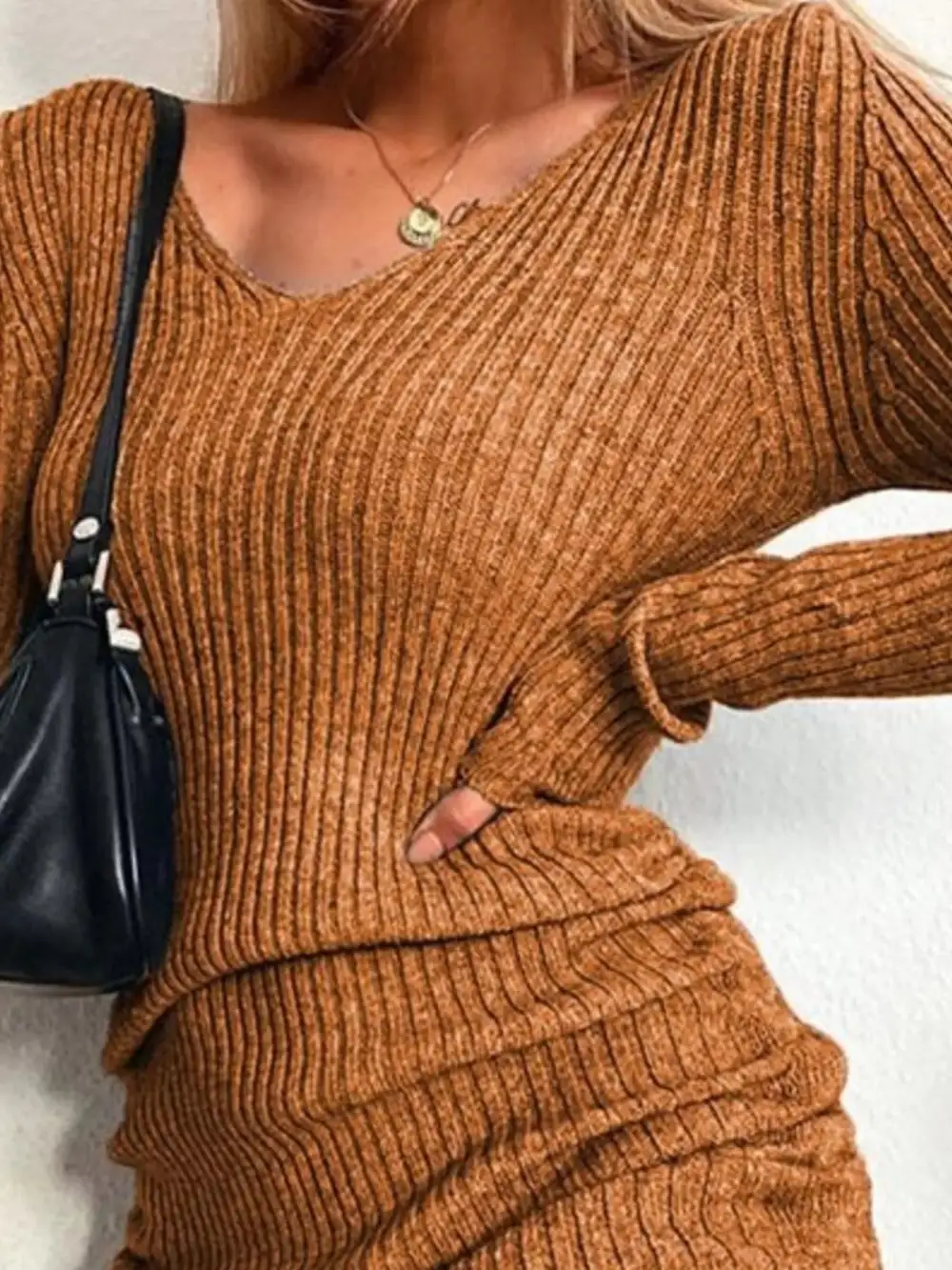 Ribbed Knit Drawstring Sweater Dress