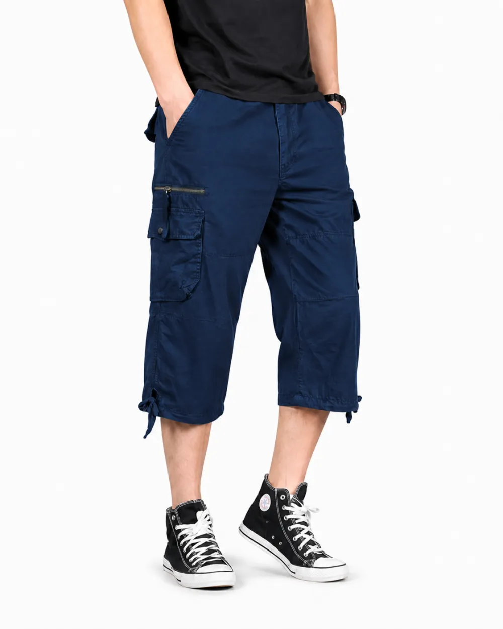 Men's Cropped Cargo Capri Pants with Utility Pockets and Drawstring Hem