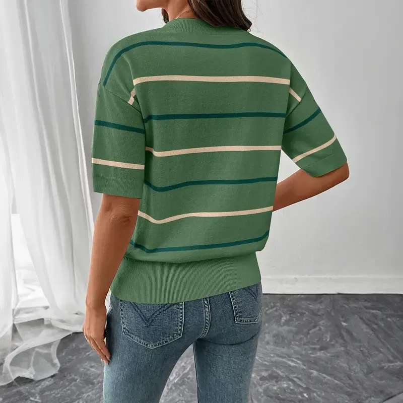 Women'S Short-Sleeved Striped Sweatshirt For Spring And Summer
