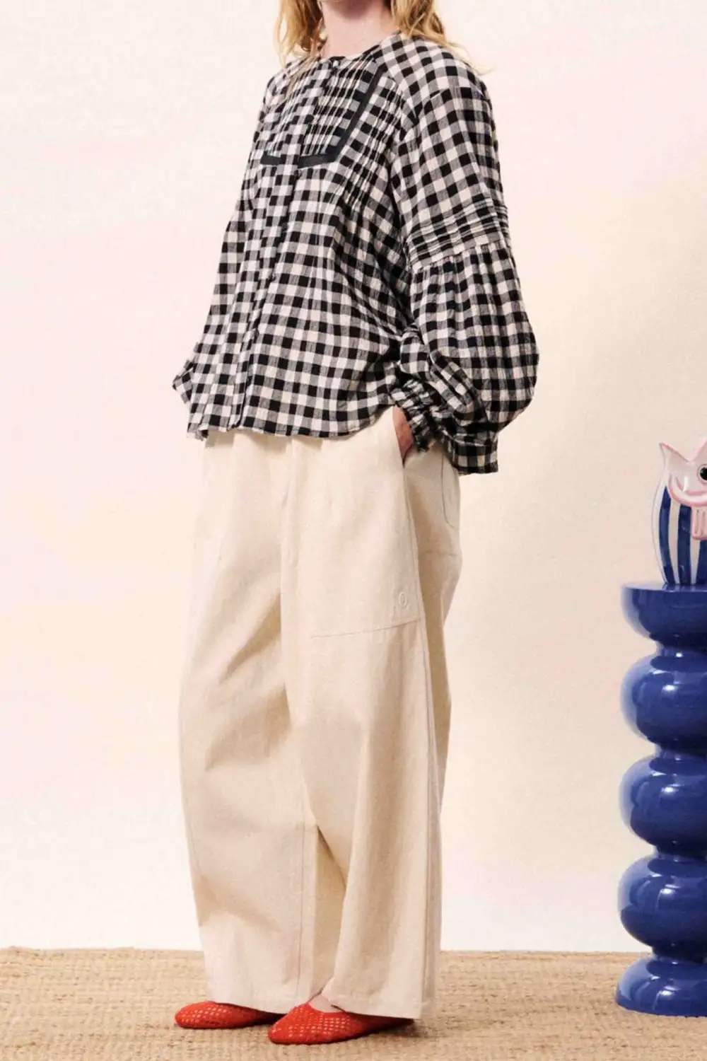 Gingham Plaid Button Front Pleated Shirt