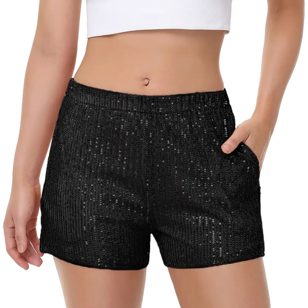 High-Waist Elastic-Waist Pocketed Straight Sequin Shorts