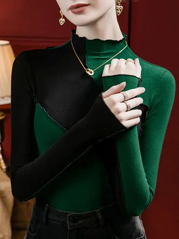Long Sleeve Curve Fit Contrast Ruffle Trim Panel Detail Mock Neck T-Shirt