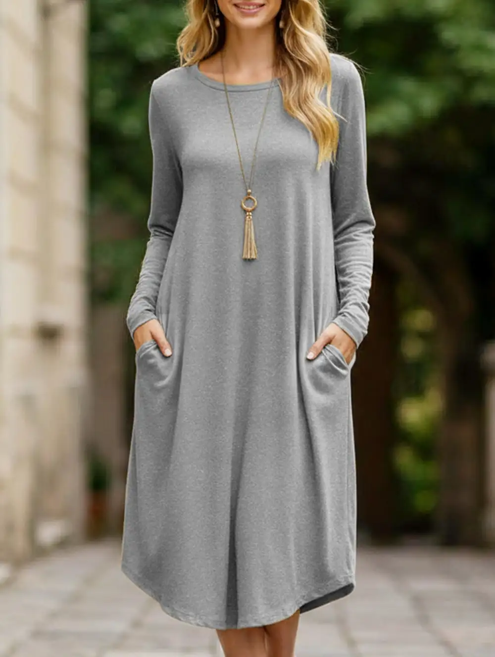 Midi-Length Round Neck Long-Sleeved Dress