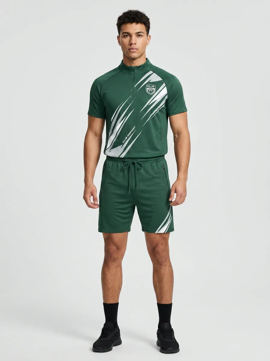 Men's Sporty Activewear Green Abstract Stripe Printed Short Set