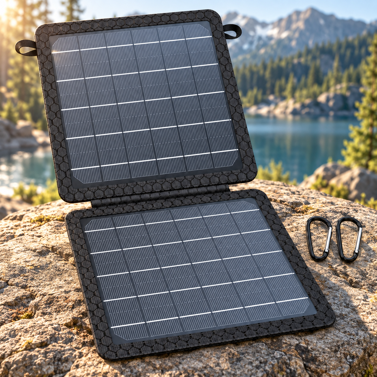 Black two-panel foldable solar charger with two included carabiners