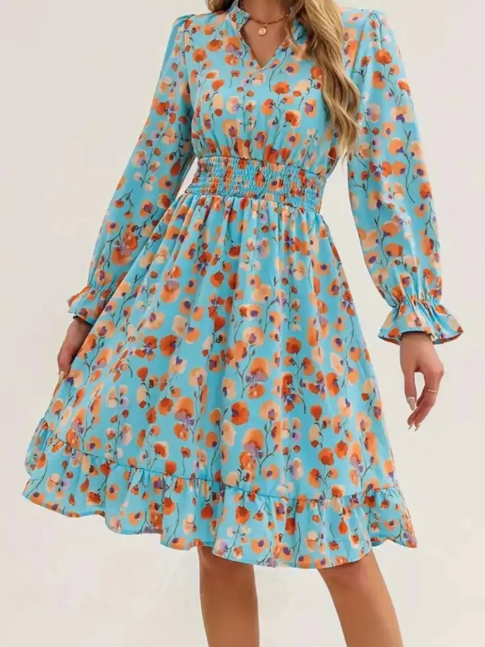 Layered Detail Floral Printed Ruffle Dress