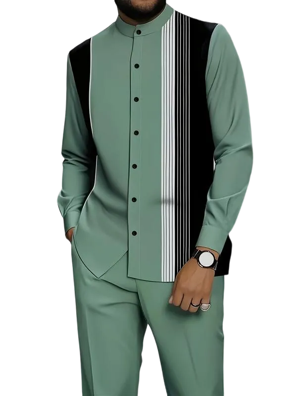 Men's black and white striped button-down shirt with drawstring waist casual pants