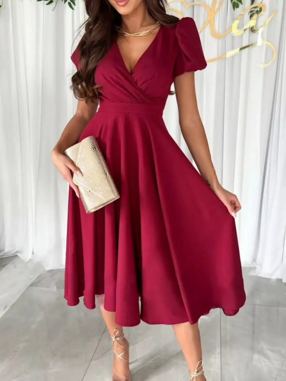 Surplice Puff Sleeve Belted Midi Dress