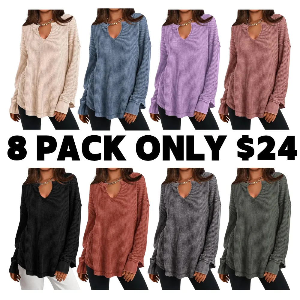 Women‘s Waffle Knit Long Sleeve Casual V Neck Shirts
