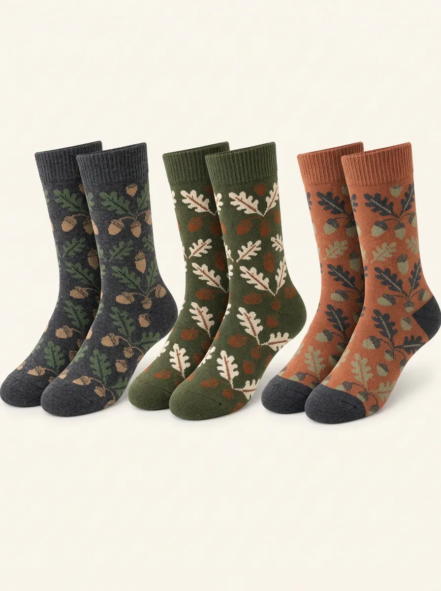 Unisex Traditional Inspired Oak Leaves and Acorns Patterned Socks Bundle