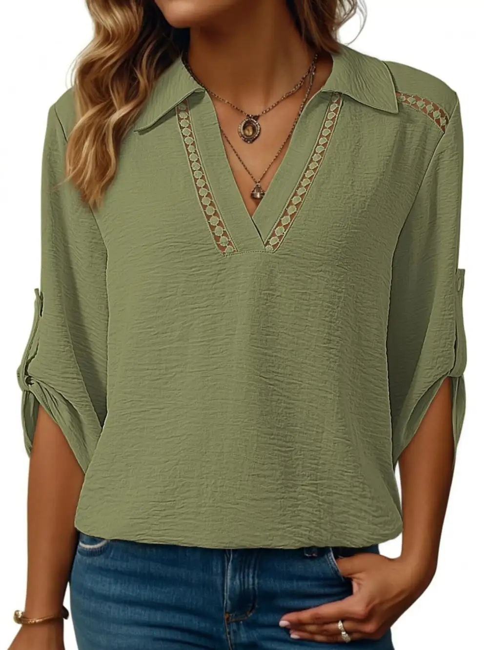 Collar Roll Up Sleeve Blouse