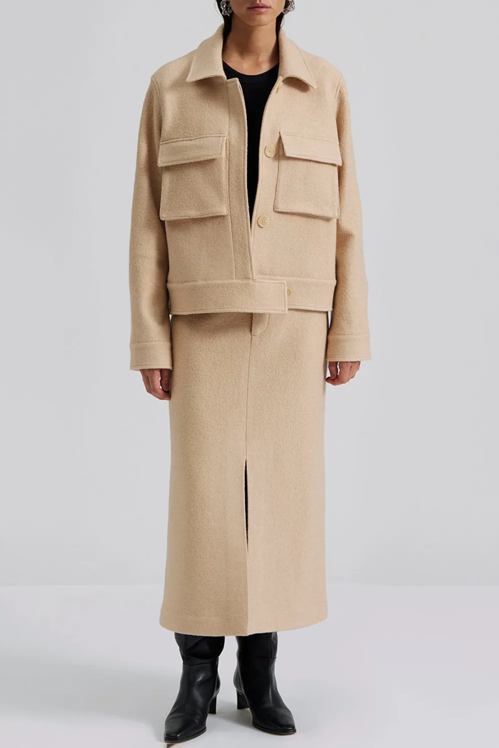 Front Slit Tweed Midi Skirt