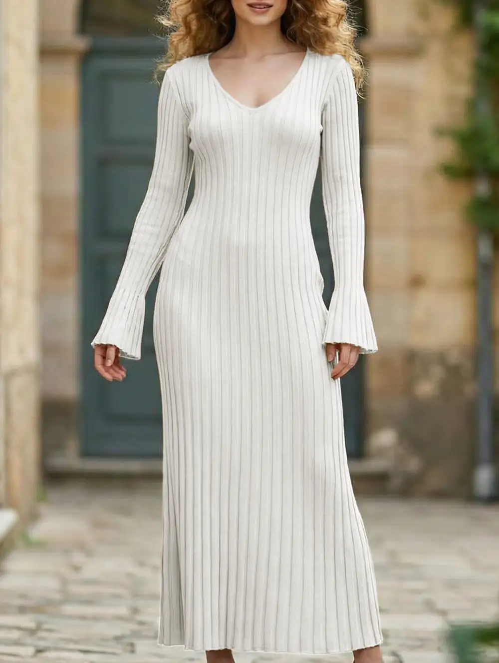 Fitted Waist Ribbed Knit Dress