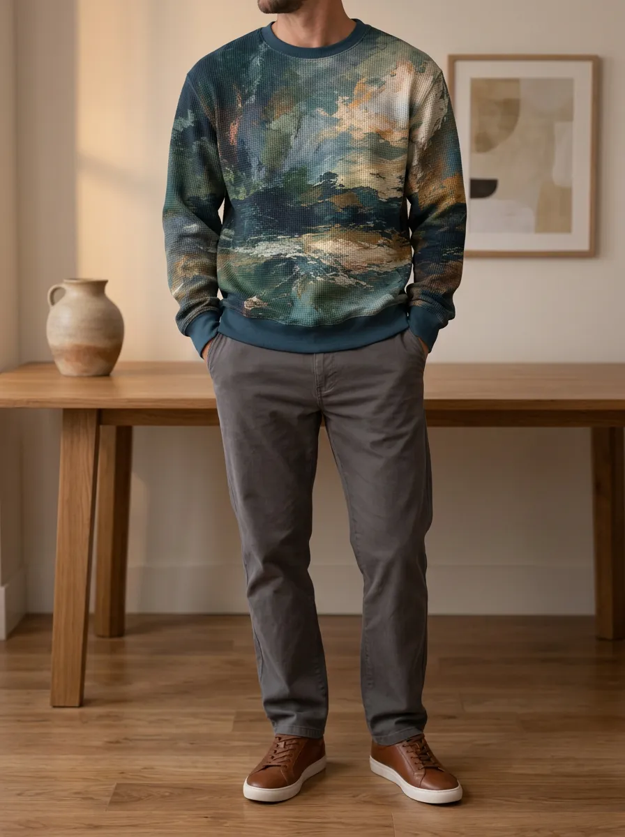 Men's Multicolor Abstract Waffle Knit Crewneck Sweatshirt