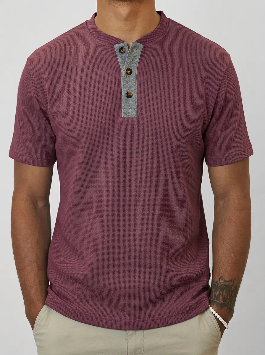 Men's Sport Inspired Waffle Knit Button Placket Henley Shirt