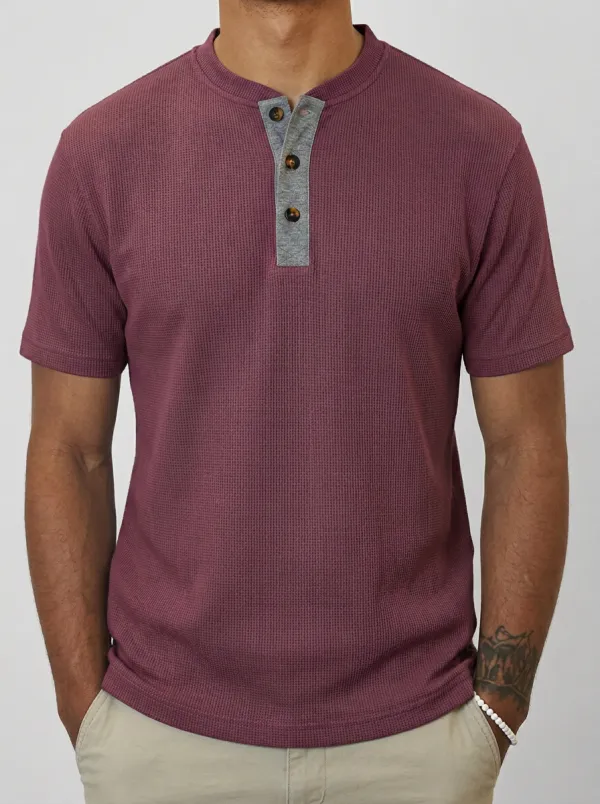Men's Sport Inspired Waffle Knit Button Placket Henley Shirt