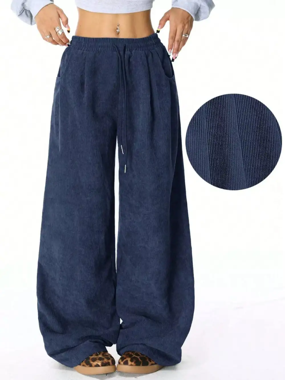 Wide Leg Corduroy Drawstring Pocketed Pants