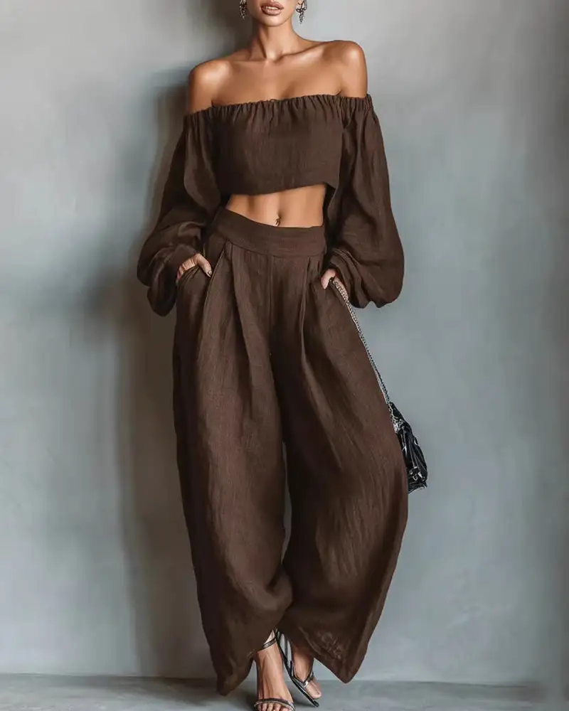 Off-Shoulder Crop Top and Wide Leg Pants Two-Piece Set
