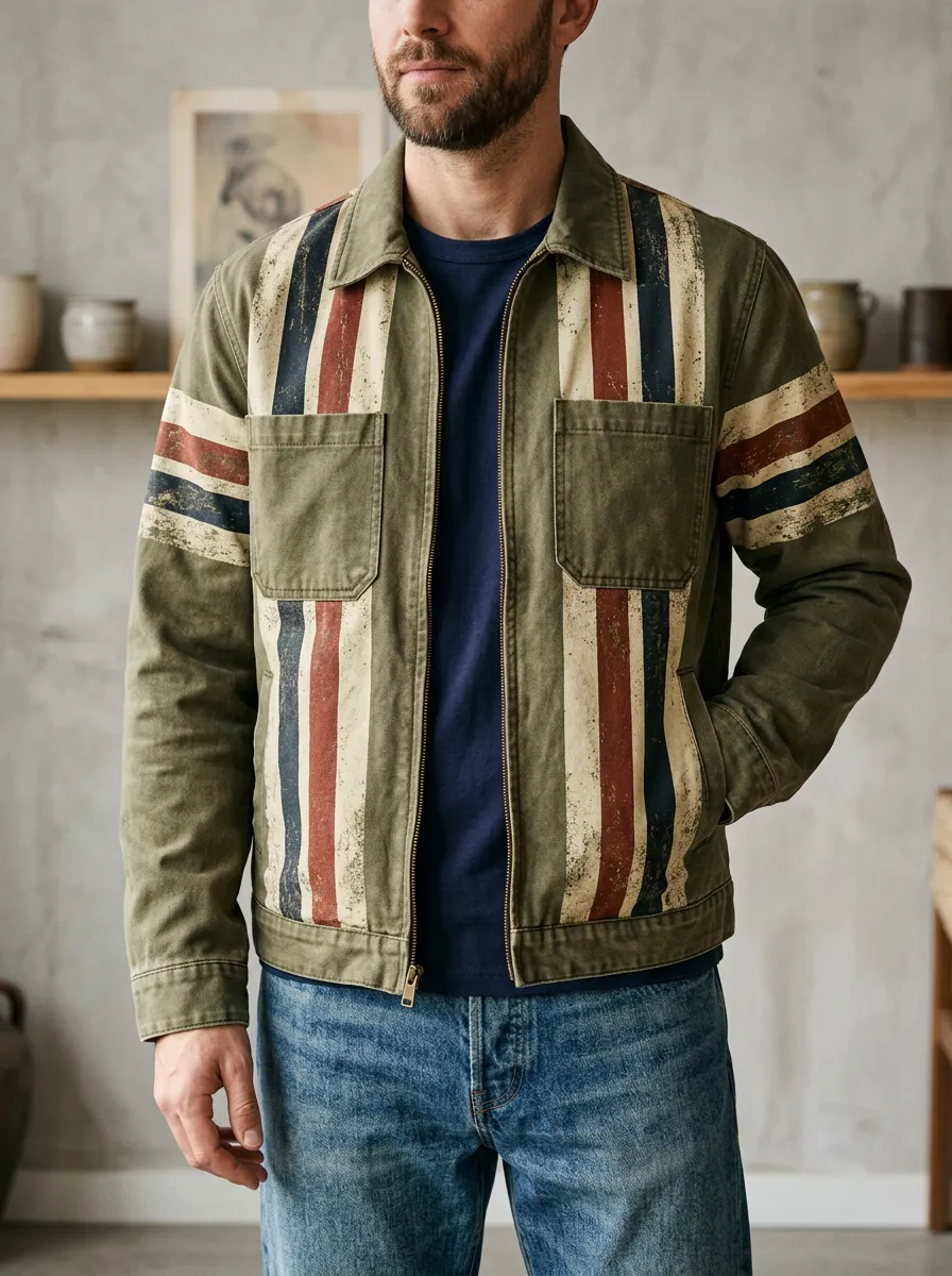 Men's Vintage Striped Olive Green Printed Jacket