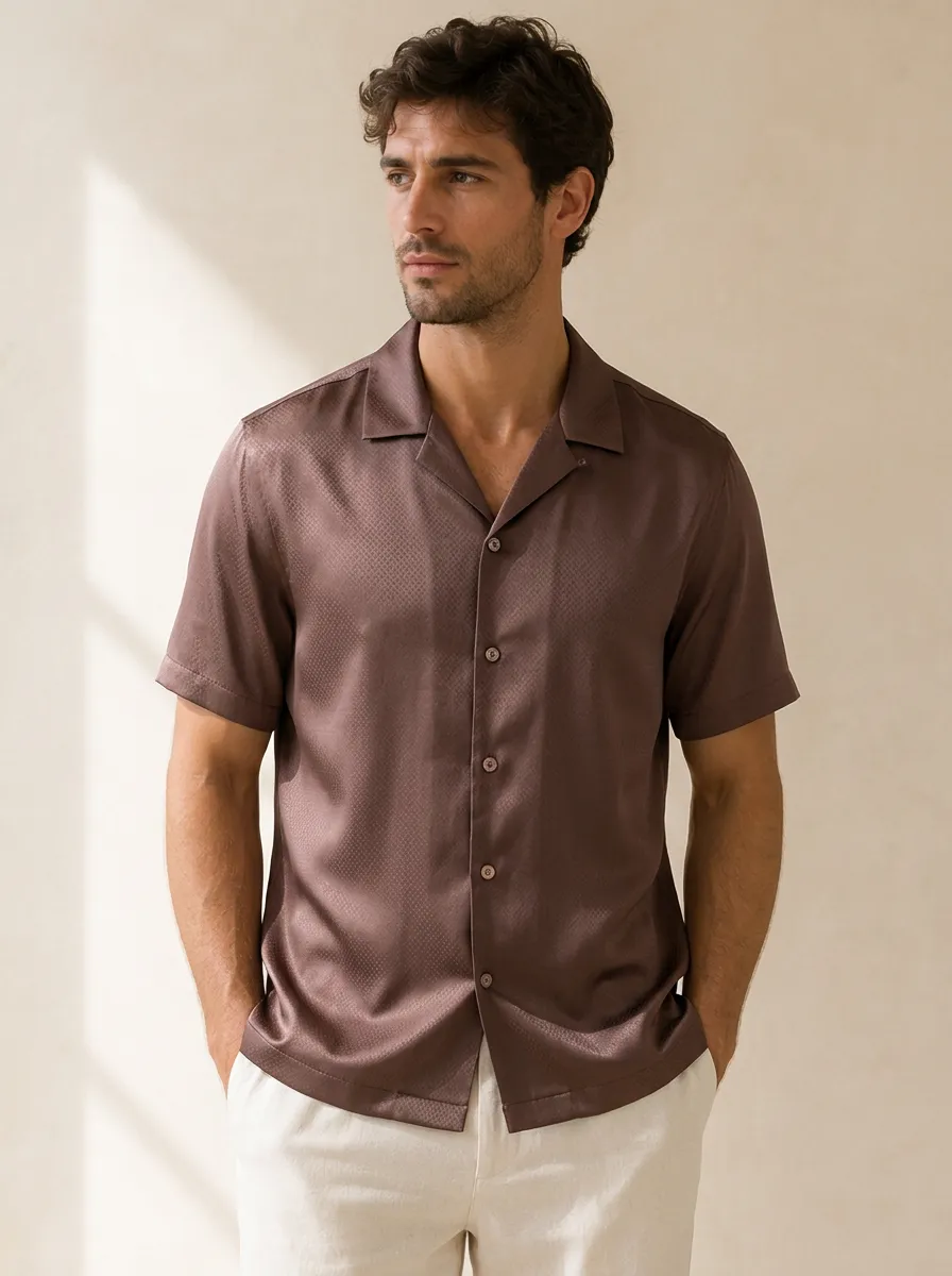 Men's Brown Textured Camp Collar Short Sleeve Shirt