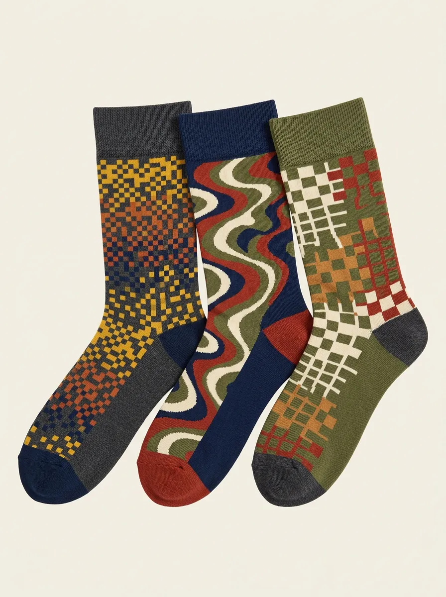Men's Geometric Abstract Pattern Print Set Pairs Unique 3-Pack Socks