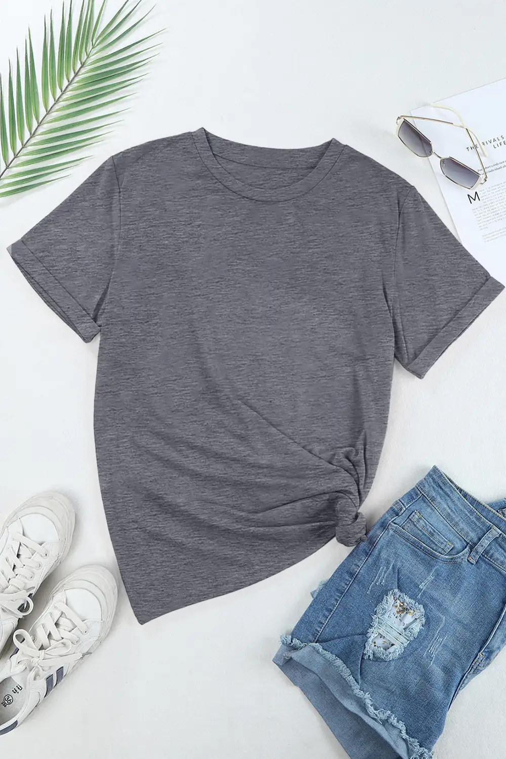 Gray Casual Plain Crew Neck
