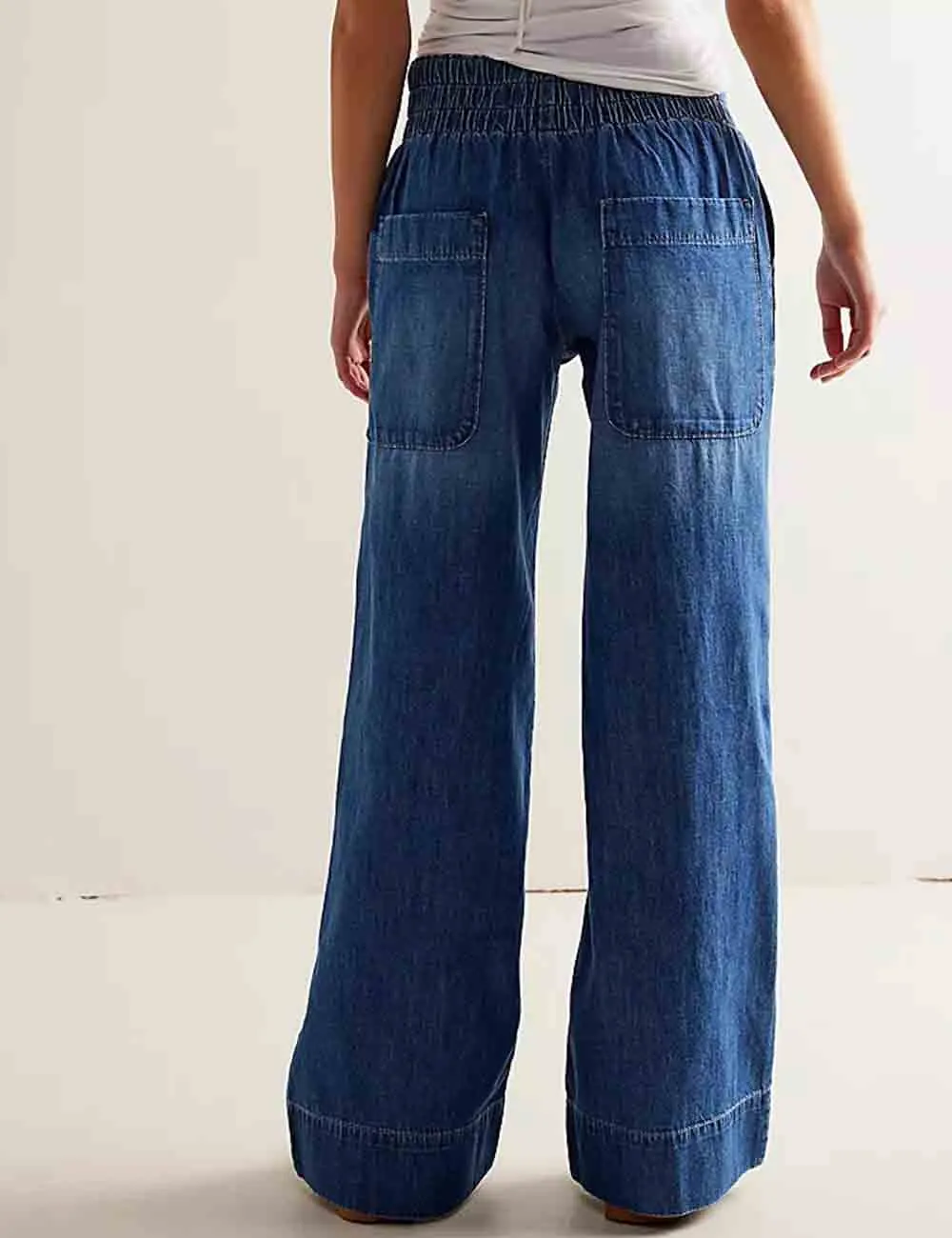 Elastic Waist Pocket Wide Leg Denim Pants