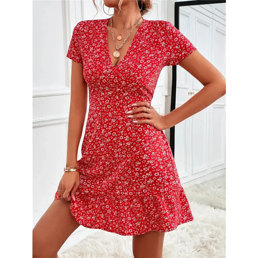 Ruffled Hem V-Neck Short Sleeve Mini Dress