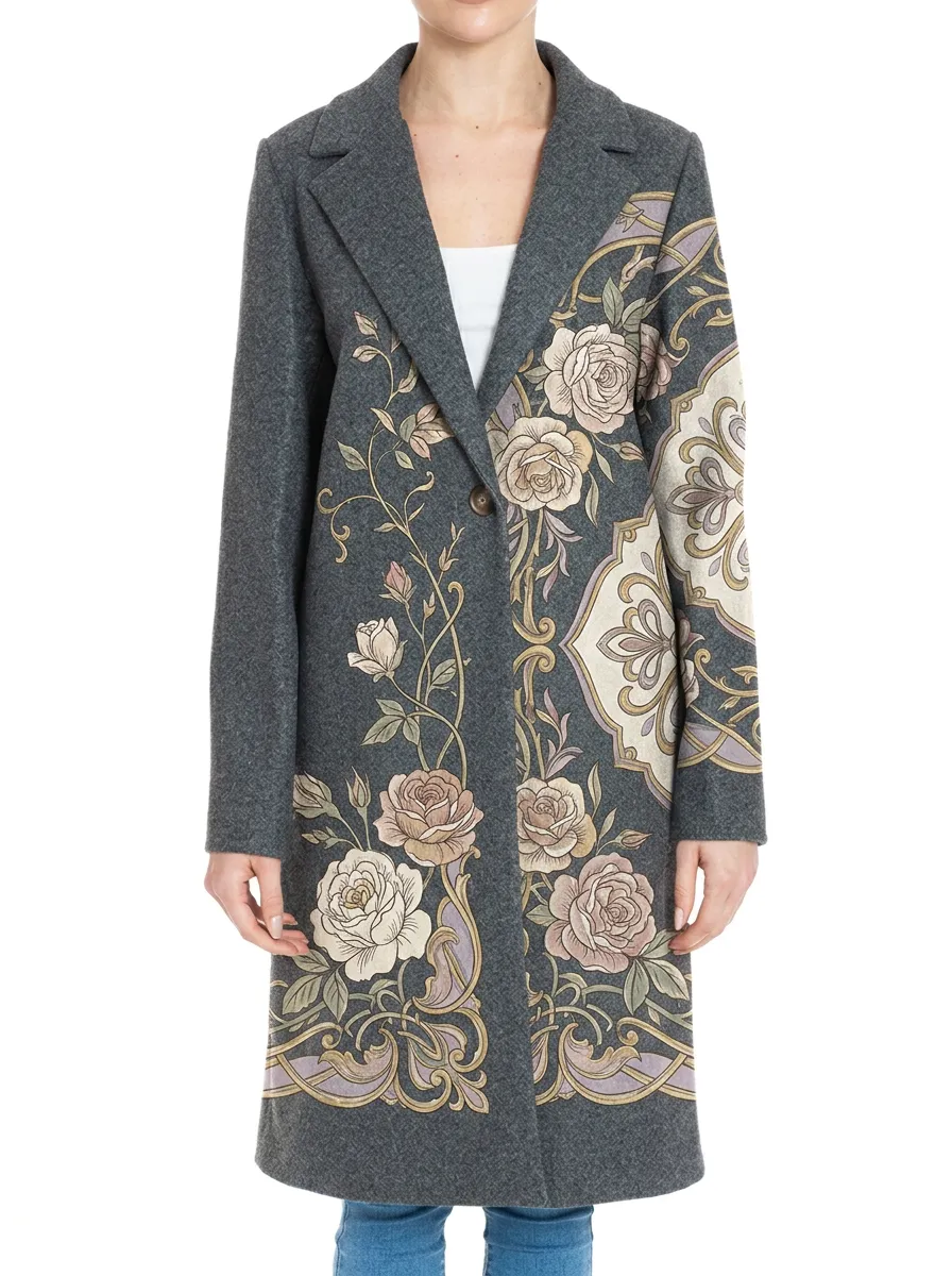 Women's Vintage Floral Mandala Printed Wool Coat