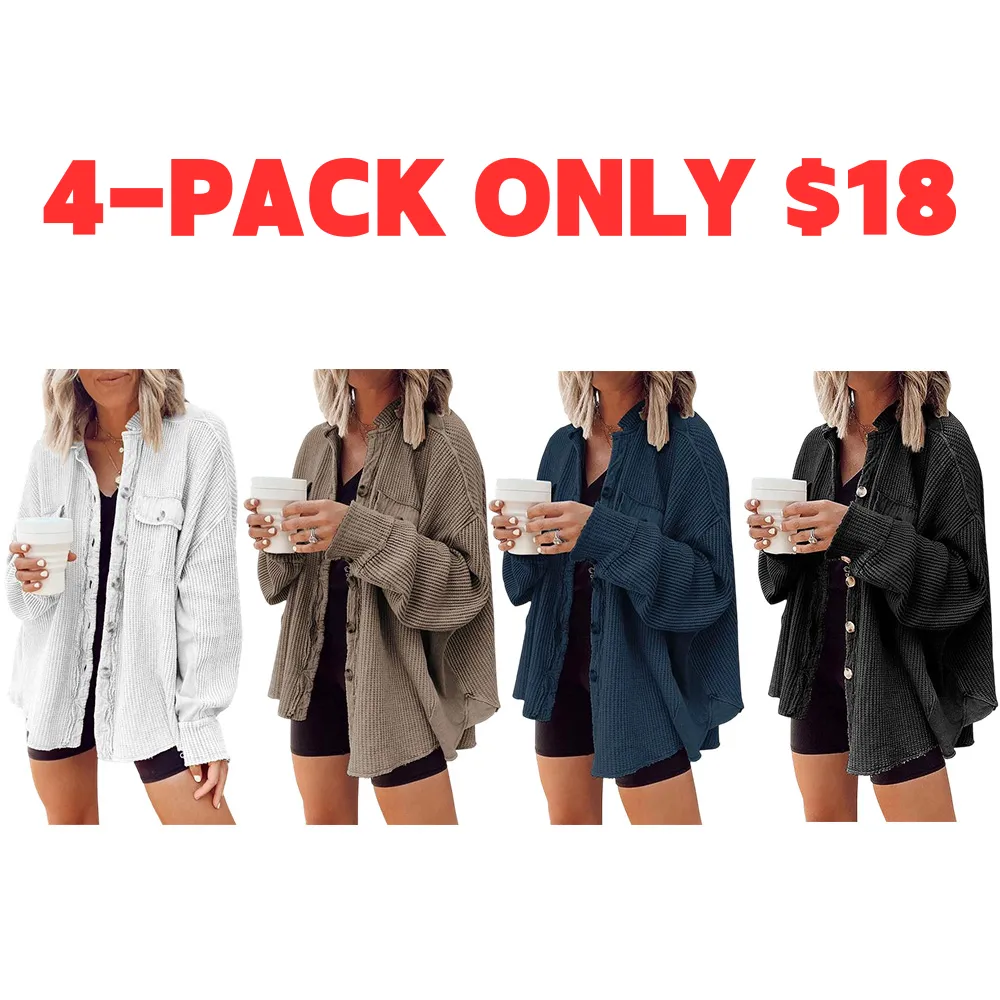 Women's Loose Fit Batwing Sleeve Waffle Knit Button Down Shirt Shacket Tops