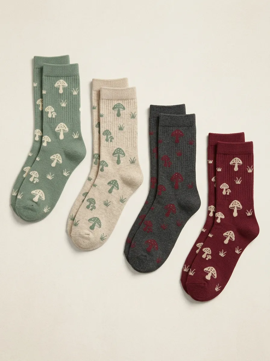 Women's Mushroom Print Ribbed Crew Socks Four Pair Set