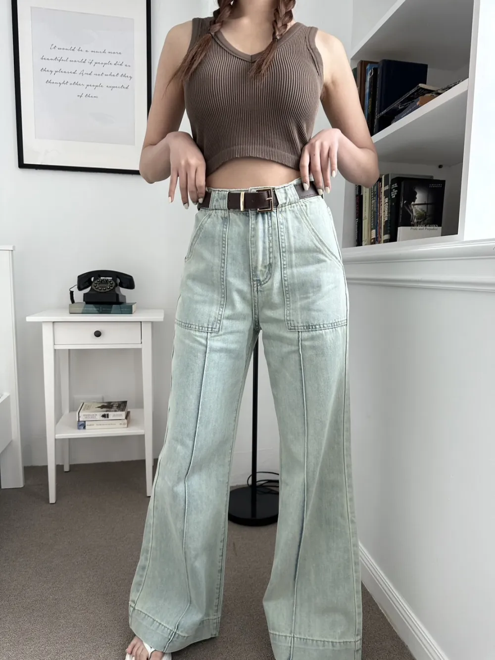 Belted Seam Detail Flare Jeans