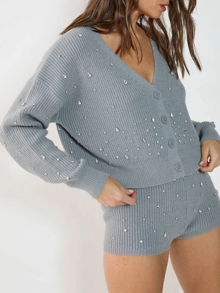 Lady'S Exquisite Diamond-Encrusted Knitted Cardigan