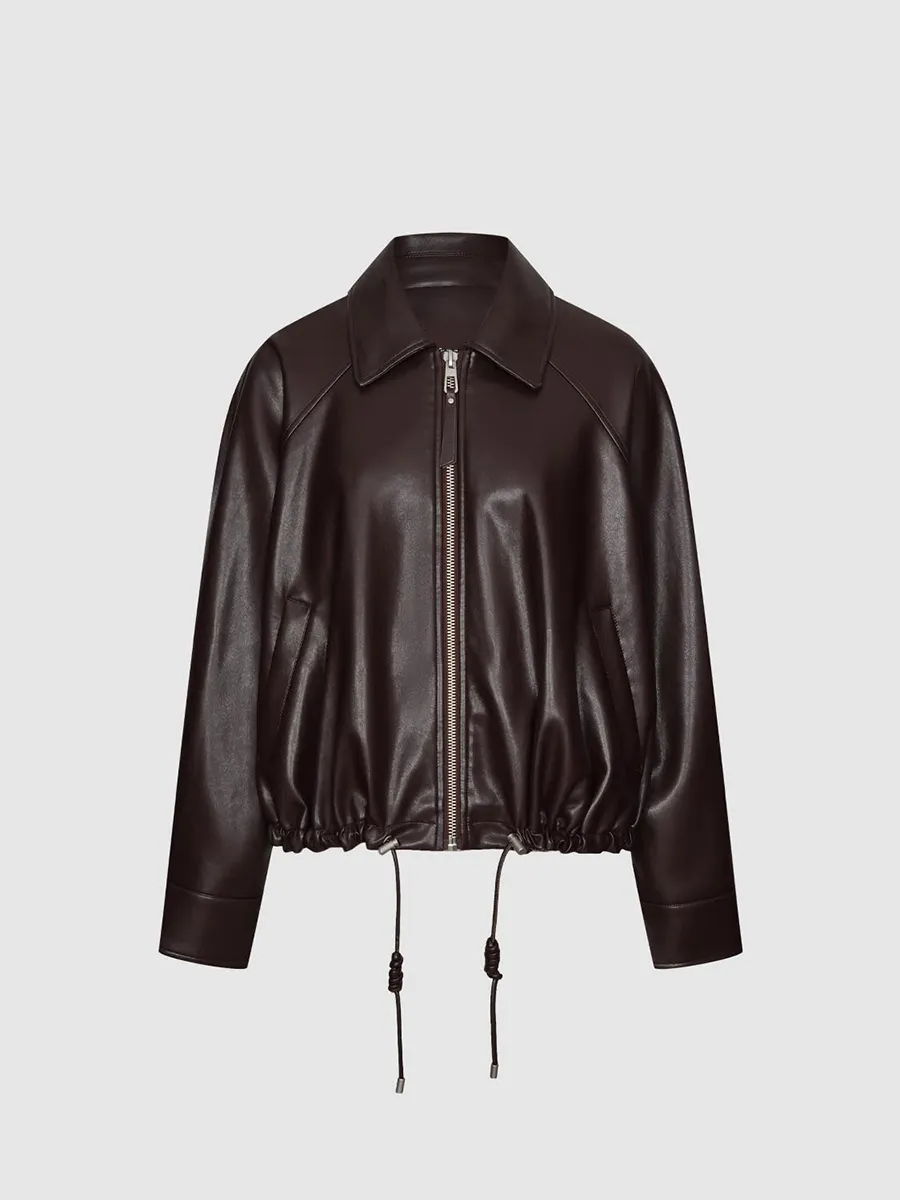 A Casual Brown Leather Jacket With A Large Lapel Hem And Drawstring