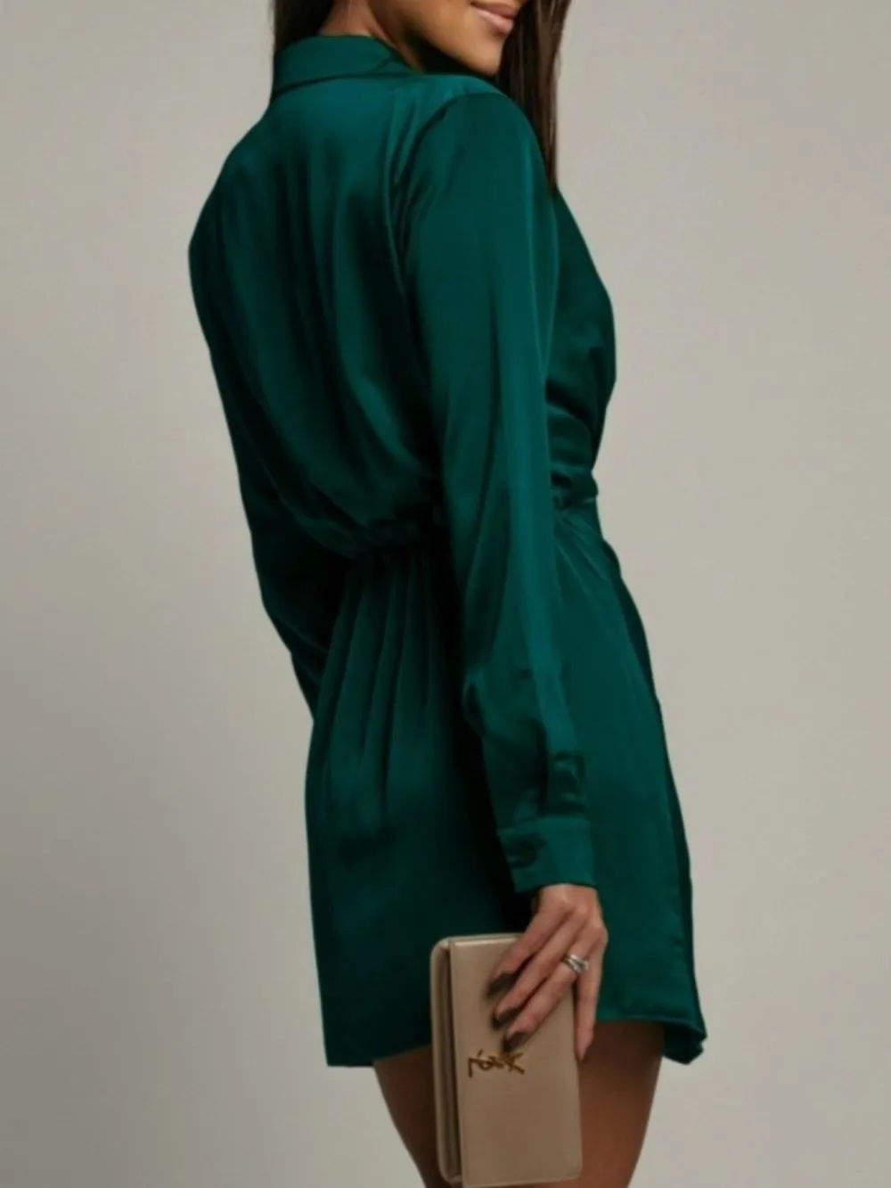 Satin Long Sleeve Collared Dress Casual