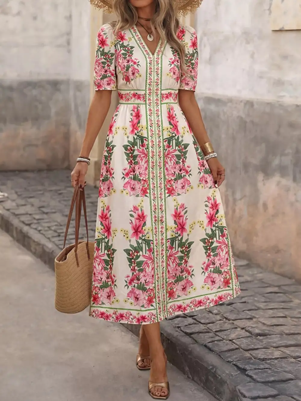 Floral Printed V Neck Midi Dress