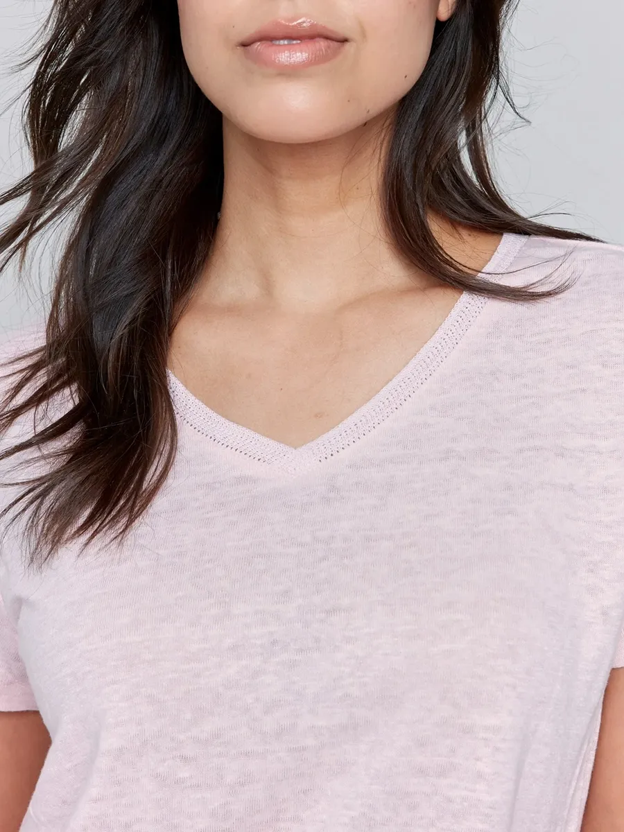 V-Neck Loose Solid Color Skin-Friendly Linen Short Sleeves