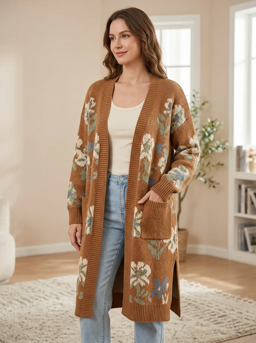 Women's Floral Pattern Knit Open- Design Ribbed Placket Long Cardigan