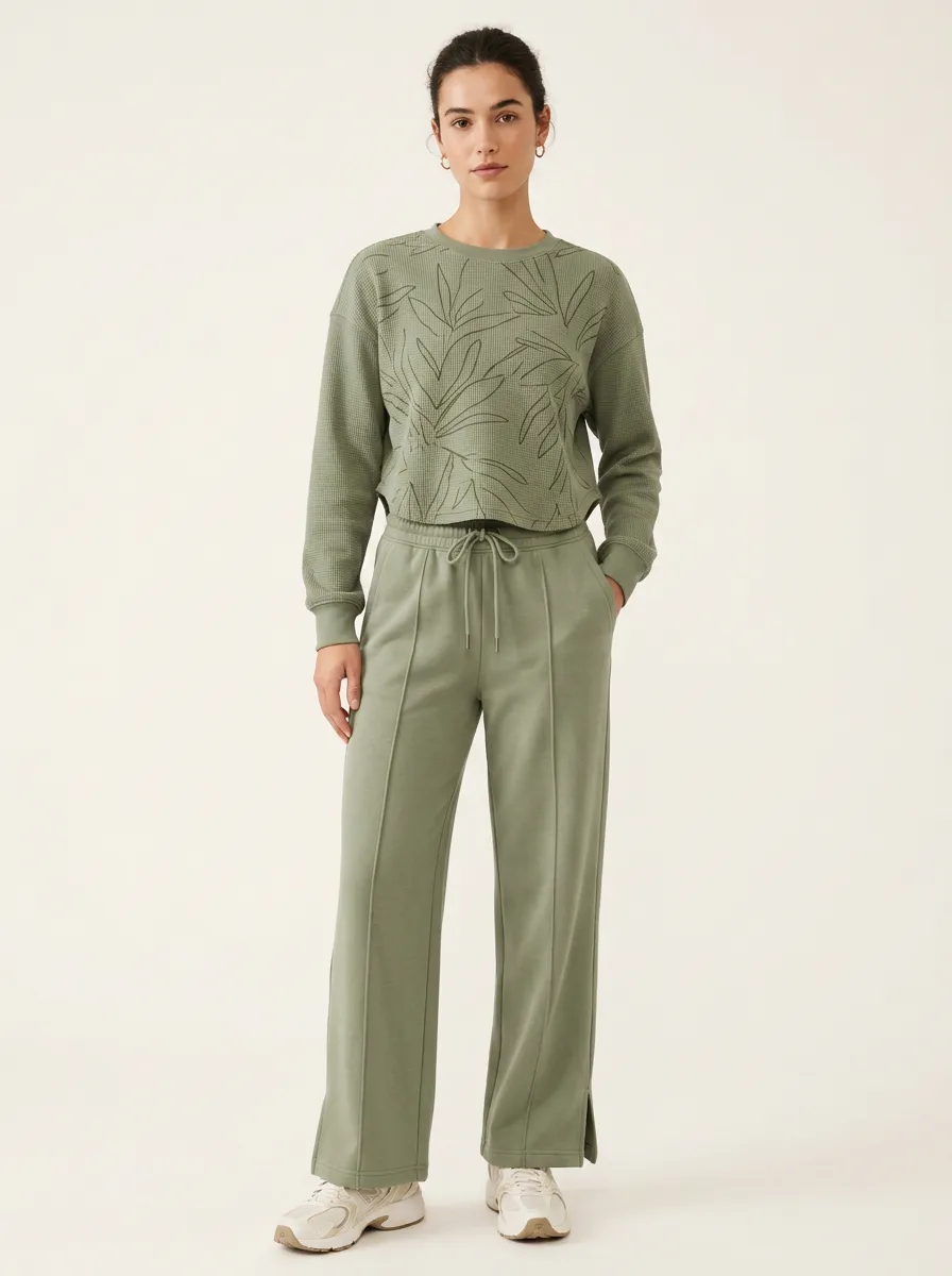 Women's Sage Green Botanical Leaf Printed Waffle Knit Lounge Set