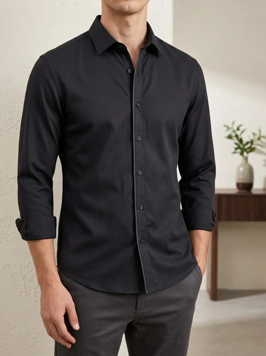 Men's Business Casual Black Textured Slim Fit Button Up Shirt