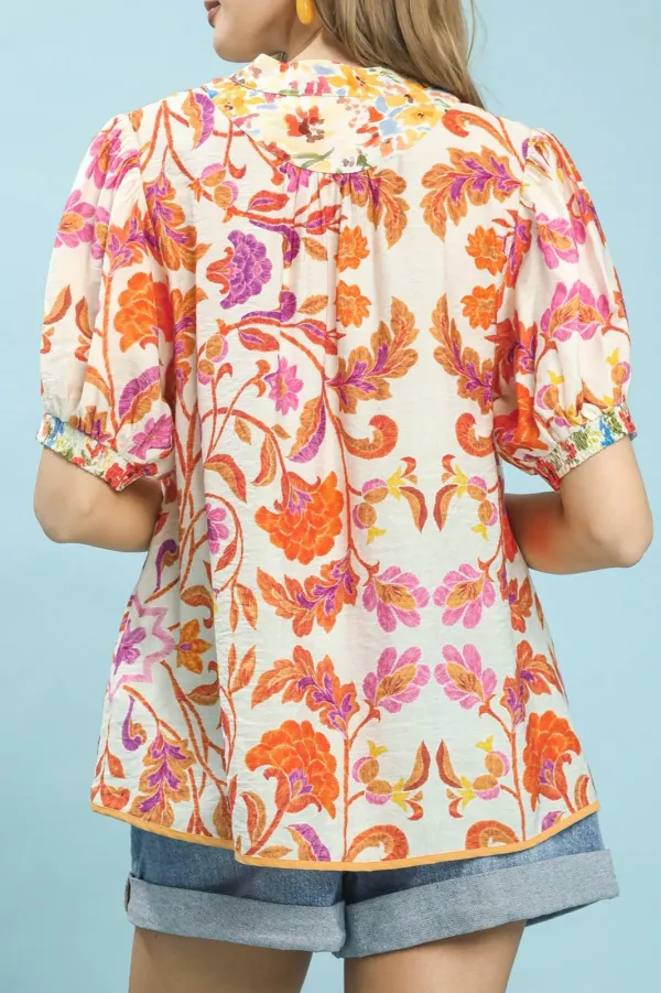 Mix Floral Split-Neck Short Sleeve Top