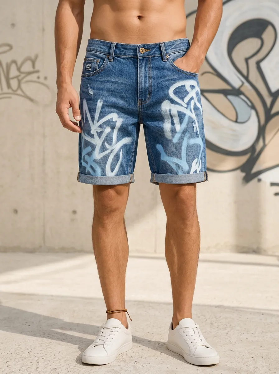 Men's Streetwear Graffiti Blue Denim Printed Shorts