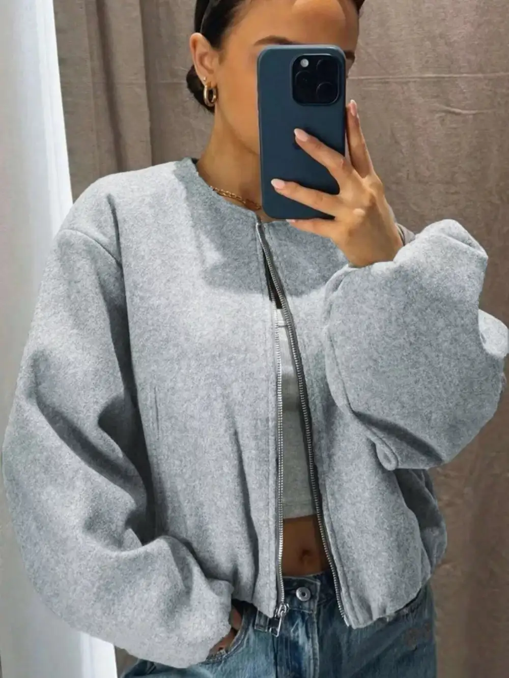 Plus Size Casual Fleece Zip-up Bomber Jacket