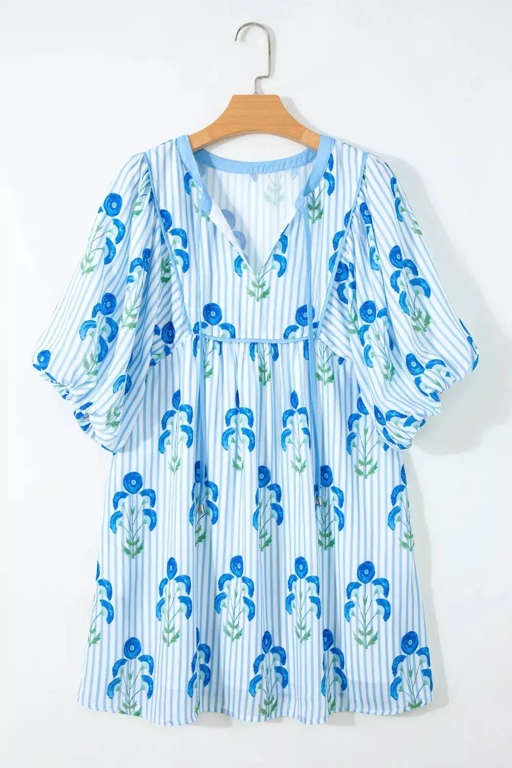 Print Tie Notched Neck Puff Sleeve Flared Mini Dress
