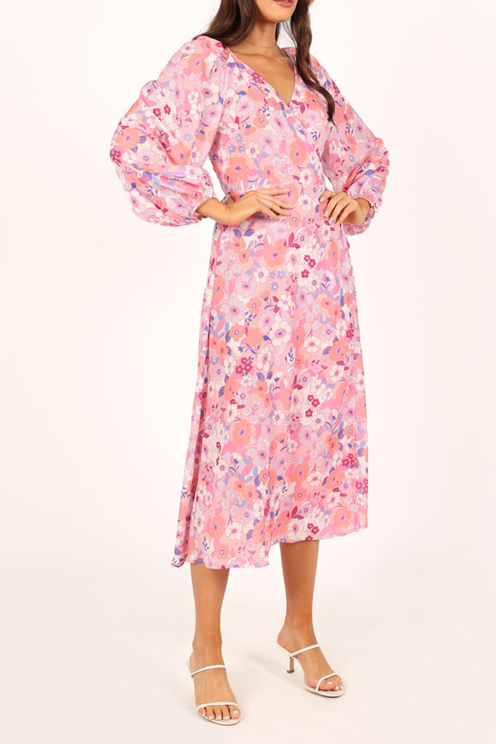 PINK FLORAL LONG SLEEVE MIDI DRESS