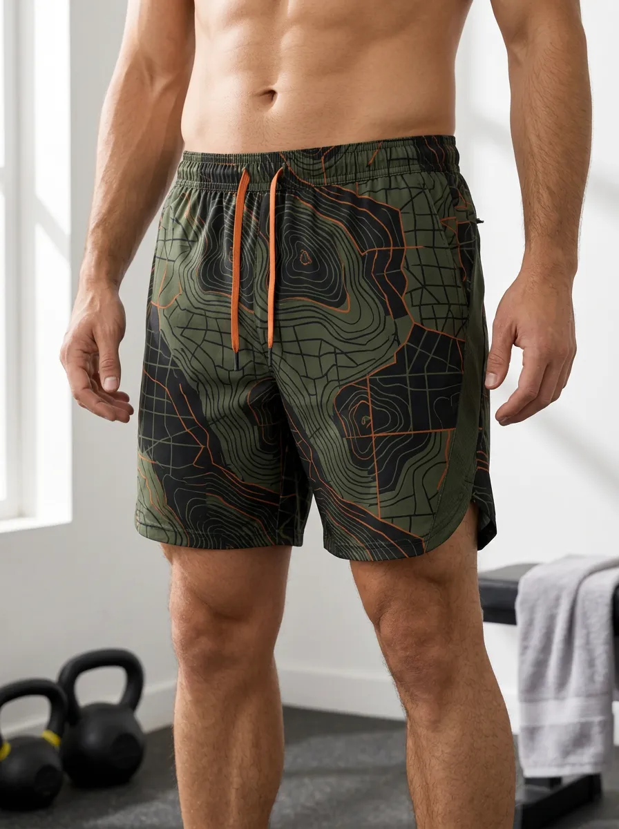 Men's Olive Topographic Print Athletic Shorts Curved Hem