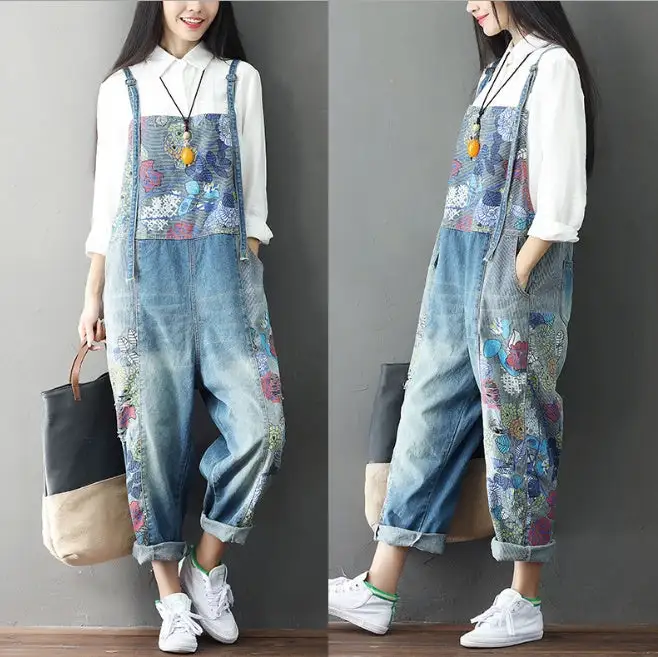 Wide Leg Jeans Full Length Loose Denim Overalls Washed