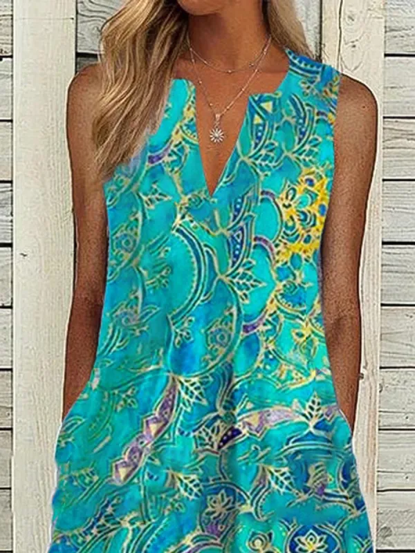 Vintage Print Pocket V-Neck Sleeveless Midi Dress